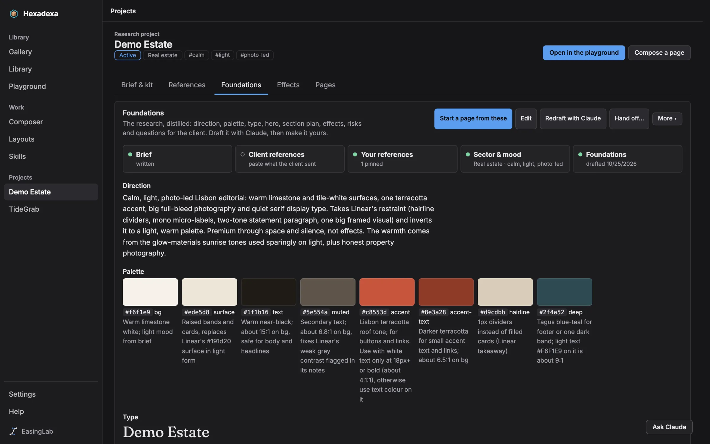 A client project's Foundations: direction, palette with roles, and type