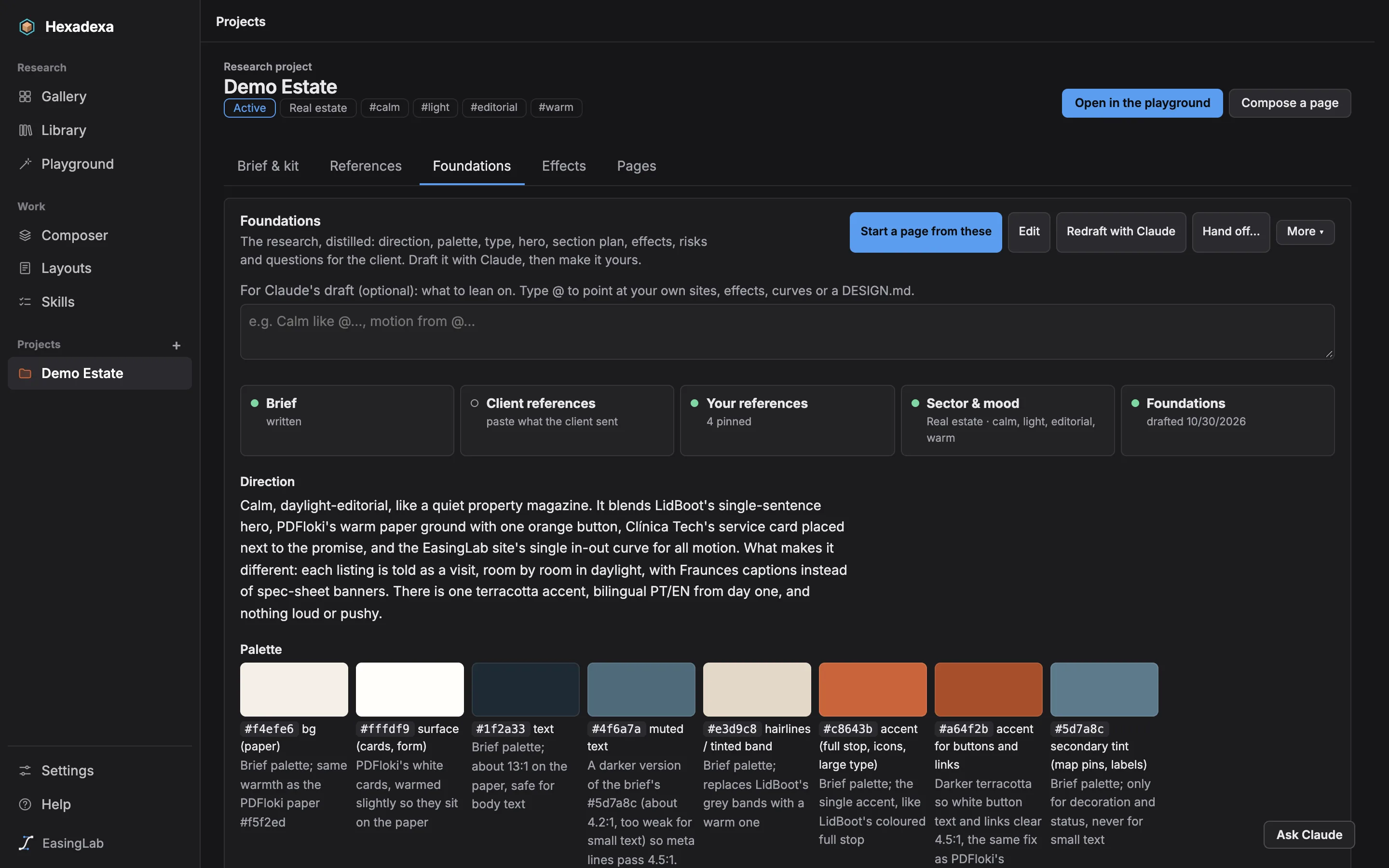 A client project's Foundations: direction, palette with roles, and type