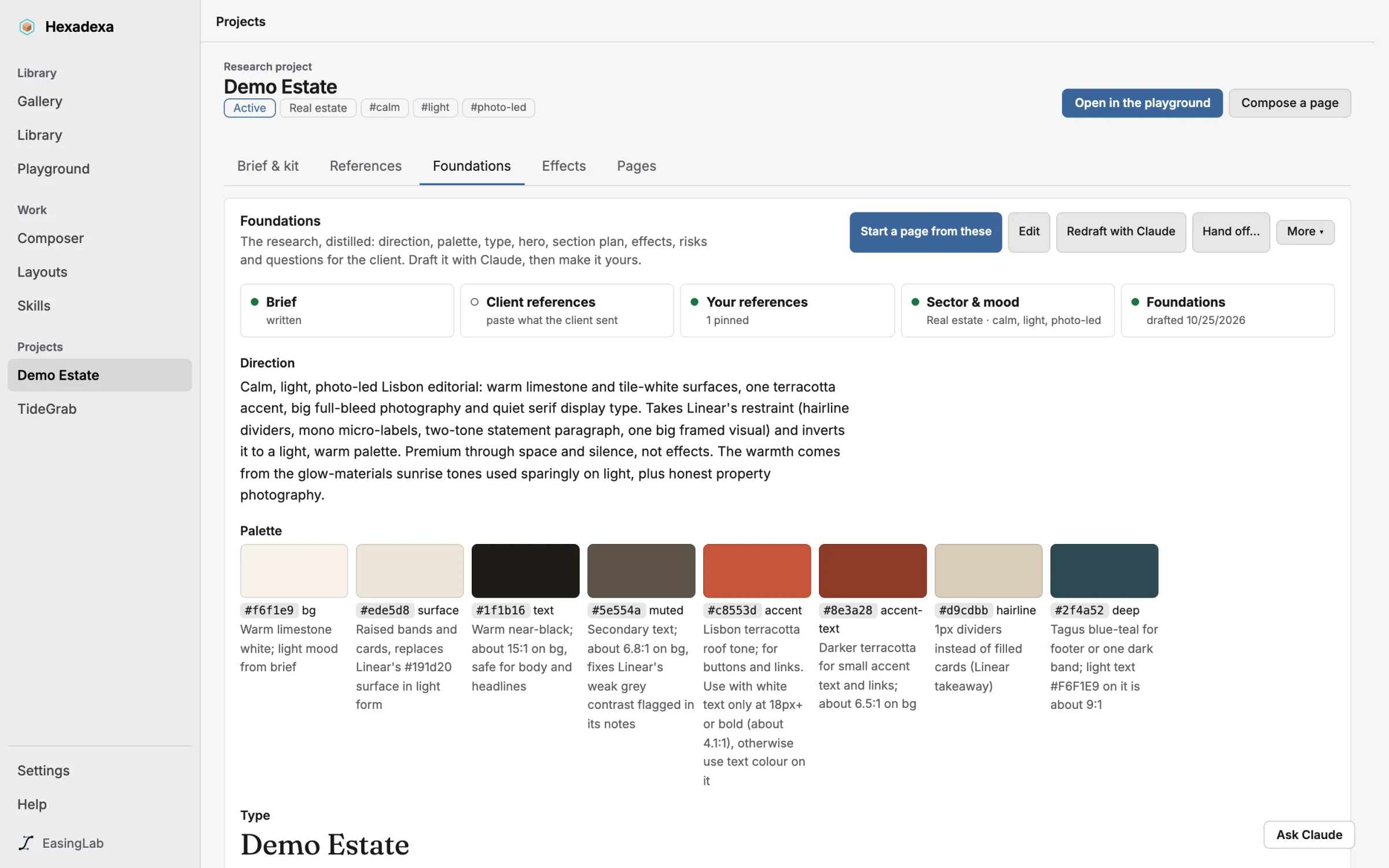 A client project's Foundations: direction, palette with roles, and type