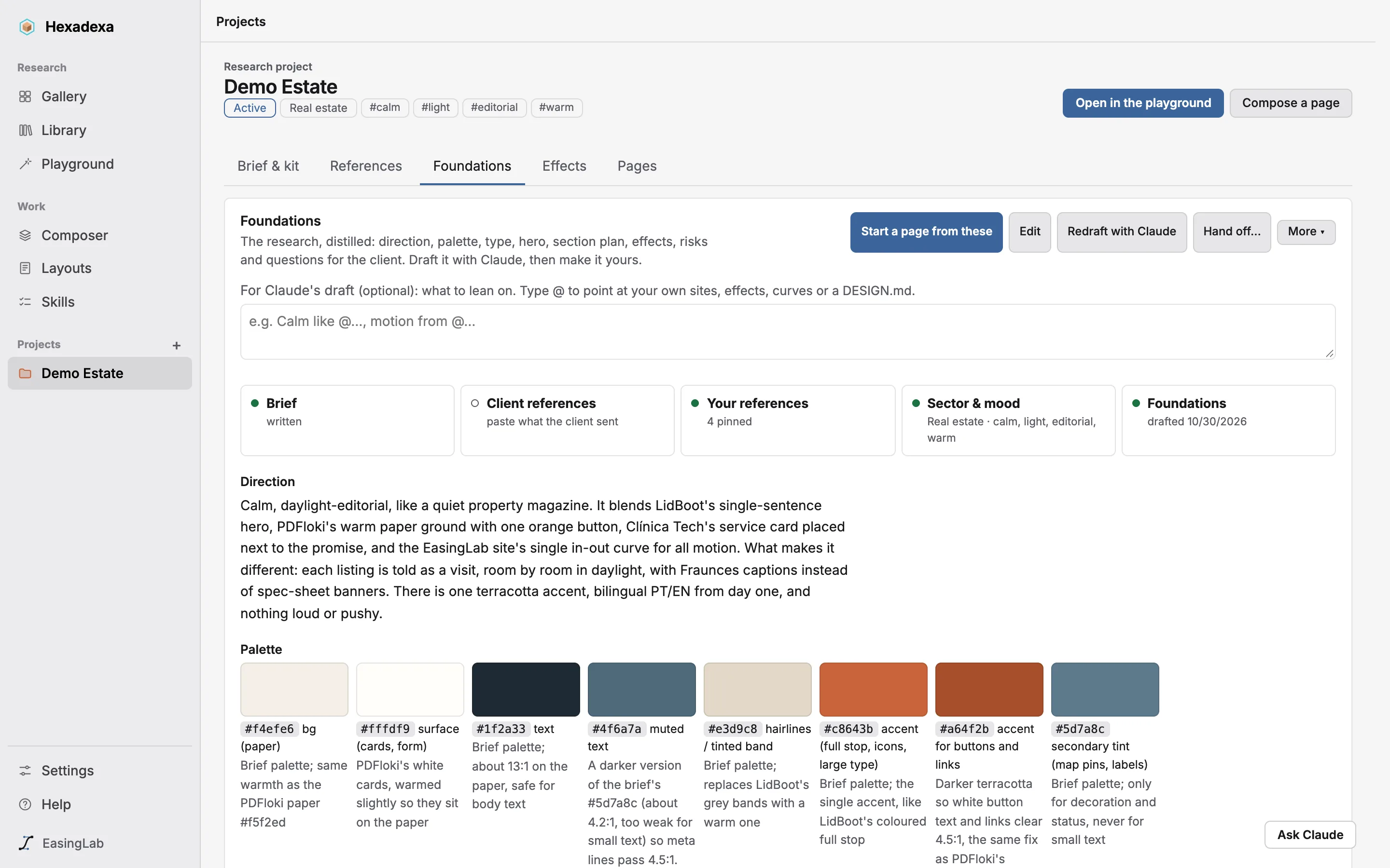 A client project's Foundations: direction, palette with roles, and type