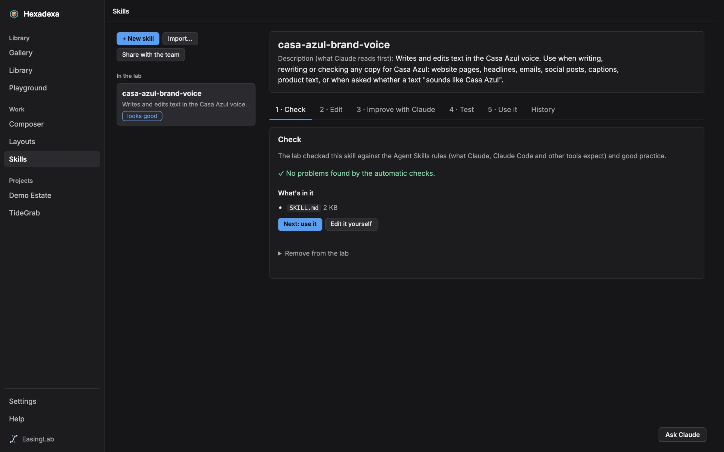 The skills studio: a skill being checked, with its steps as tabs