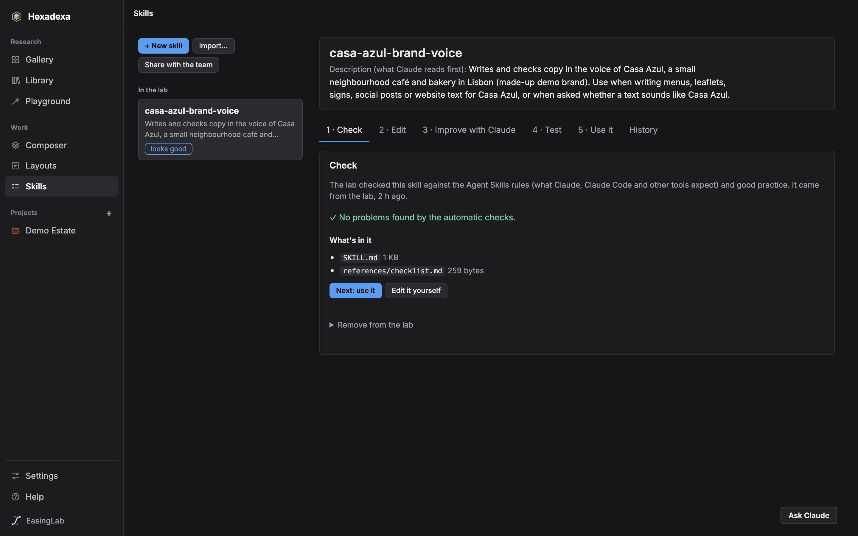 The skills studio: a skill being checked, with its steps as tabs