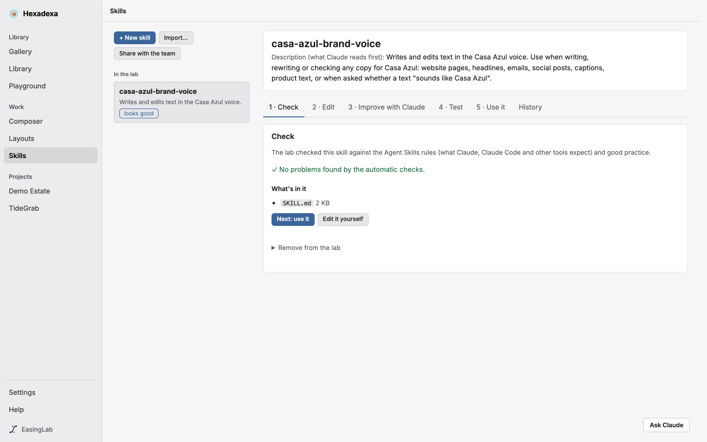 The skills studio: a skill being checked, with its steps as tabs