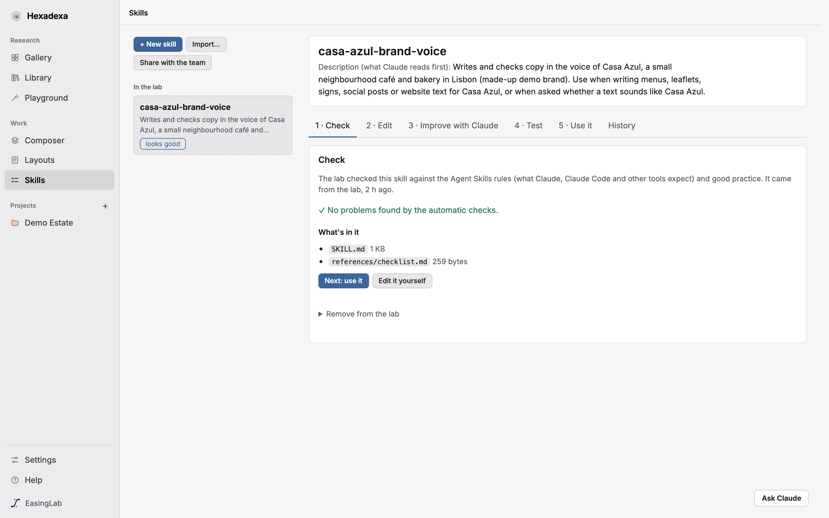 The skills studio: a skill being checked, with its steps as tabs